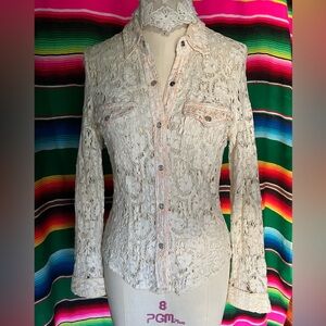 Vintage For Joseph Cream Lace Western Boho Cowgirl Button-Down Shirt Pearl (M)